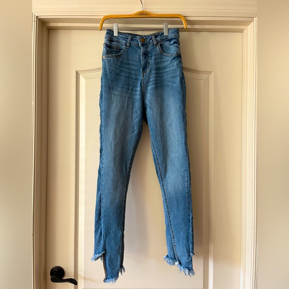 Boohoo Distressed Hem High Waisted Skinny Jeans